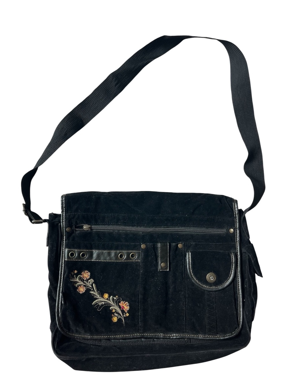 Y2K MUDD BLACK VELVET FLAP MESSENGER BAG EMBROIDERED FLOWERS